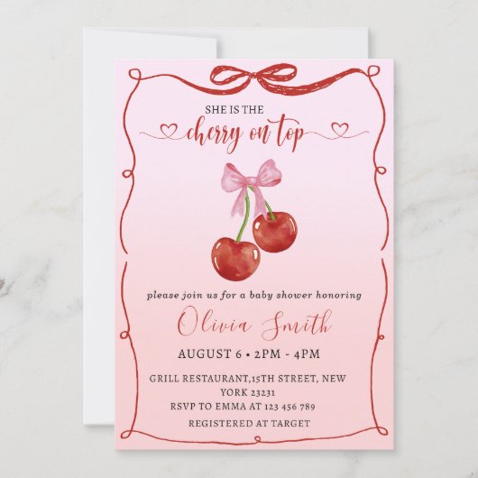 Cherry op Top Coquette Bow Cherry Girl Baby shower Kaart (Voorkant)