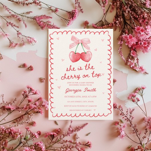 Cherry op Top Coquette Bow Handgetekende Baby show Kaart