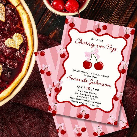 Cherry op Top Coquette Bow Pink Girl Baby shower Kaart