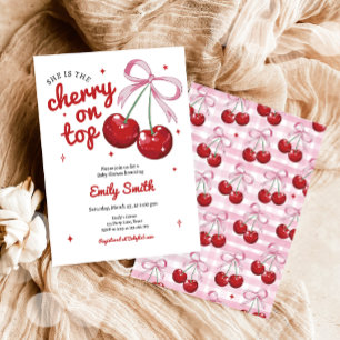 Cherry op Top Coquette Bow Pink Girl Baby shower Kaart