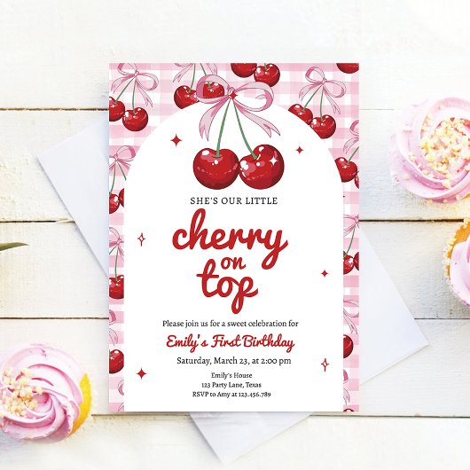Cherry op top Coquette Bow Pink Girl Verjaardag Kaart