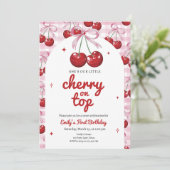 Cherry op top Coquette Bow Pink Girl Verjaardag Kaart (Staand voorkant)