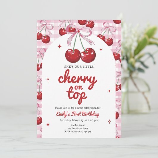 Cherry op top Coquette Bow Pink Girl Verjaardag Kaart (Staand voorkant)
