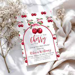 Cherry op Top Coquette Pink Bow Girl Baby shower Kaart