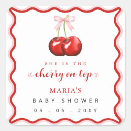 Cherry op Top Coquette Pink Bow Girl Baby shower Vierkante Sticker