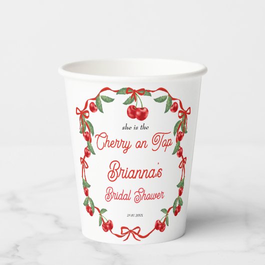 Cherry op top lint coquette vrijgezellenfeest papieren bekers (Achterkant)