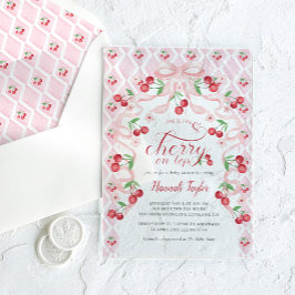 Cherry op Top Pink Bow Baby shower Acryl Uitnodigingen