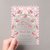Cherry op Top Pink Bow Baby shower Acryl Uitnodigingen (Insitu (Draagbaar))
