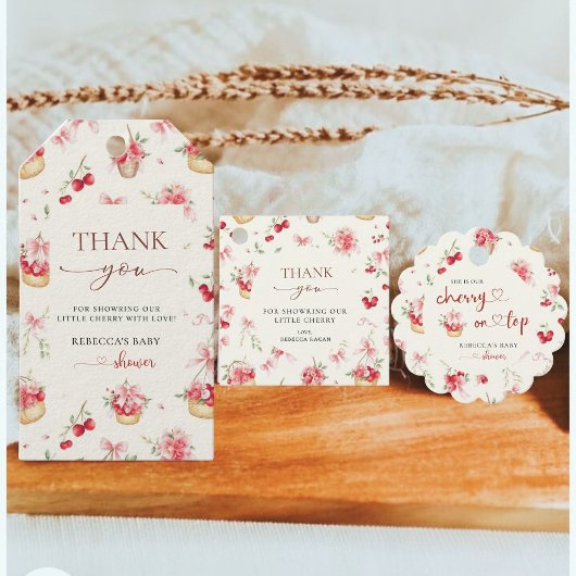 Cherry op Top Pink Bow Baby shower Dank u Bedankjes Labels