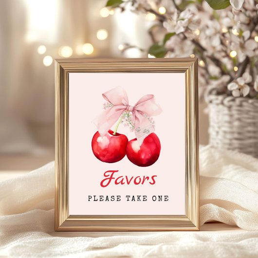 Cherry op Top Pink Bow Baby shower Favors Poster