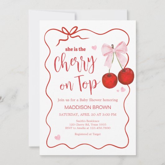 Cherry op Top Pink Bow Baby shower Kaart (Voorkant)