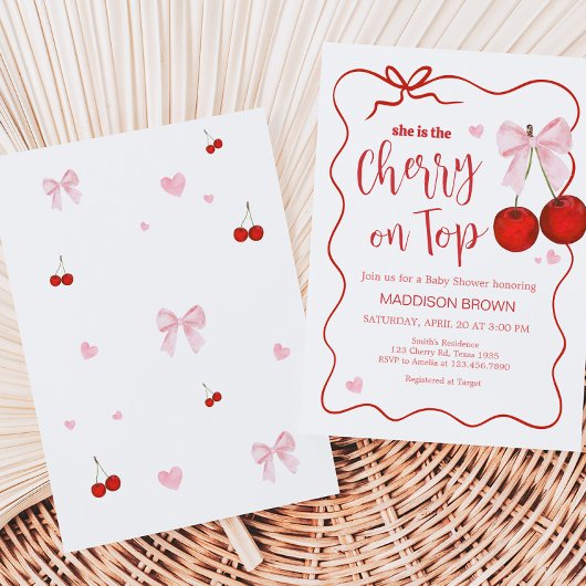 Cherry op Top Pink Bow Baby shower Kaart