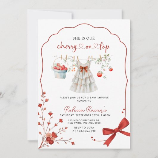 Cherry op Top Pink Bow Baby shower Kaart (Voorkant)