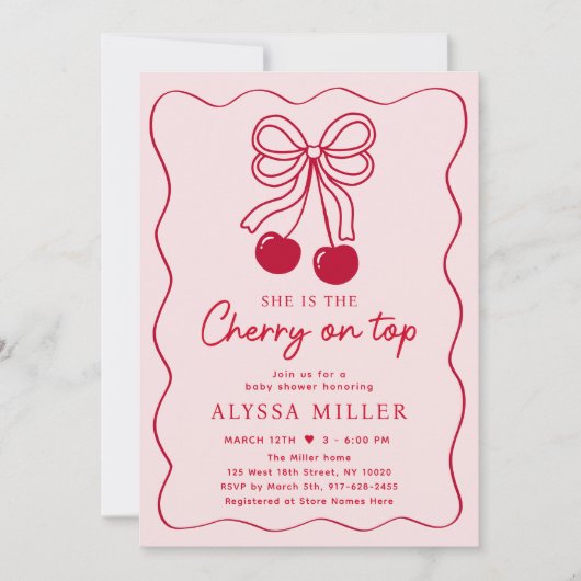 Cherry op Top Pink Bow Baby shower Kaart (Voorkant)