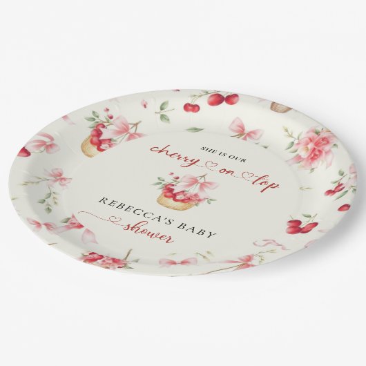 Cherry op Top Pink Bow Baby shower Papieren Bordje (Gekanteld)