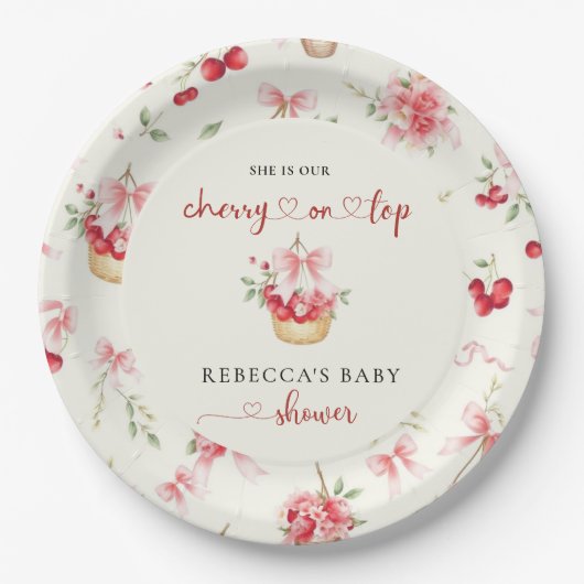 Cherry op Top Pink Bow Baby shower Papieren Bordje (Voorkant)