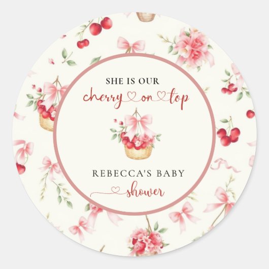 Cherry op Top Pink Bow Baby shower Ronde Sticker (Voorkant)