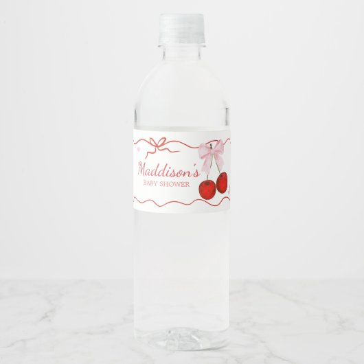 Cherry op Top Pink Bow Baby shower Waterfles Etiket (Voorkant)