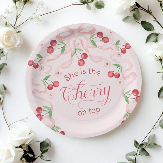 Cherry op Top Pink Bow coquette Baby shower Papieren Bordje
