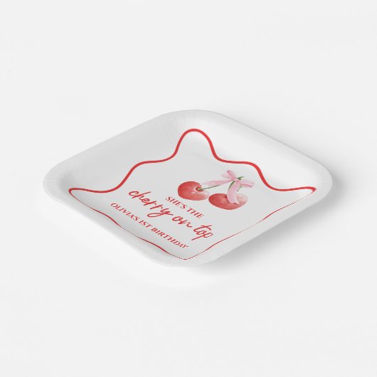 Cherry op Top Pink Bow preppy verjaardag Papieren Bordje (Gebogen)