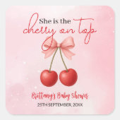 Cherry op Top Pink Girl Baby shower Vierkante Sticker (Voorkant)