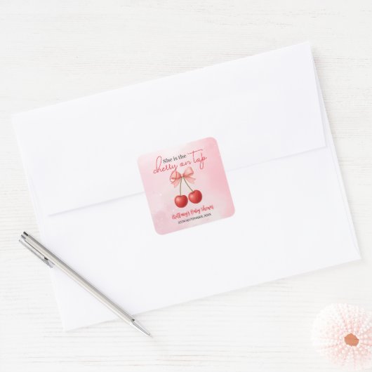Cherry op Top Pink Girl Baby shower Vierkante Sticker (Envelop)