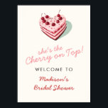 Cherry op Top Pink Heart Cake Vrijgezellenfeest Poster<br><div class="desc">Verwelkom uw gasten met charme en stijl met behulp van onze Cherry on Top Pink Heart Cake Vrijgezellenfeest Welkom Poster Sign. Met een leuk en speels roze en rood hartvormig taartontwerp is deze posters print ideaal om de toon te zetten voor een casual en vrolijk vrijgezellenfeest. Het is een heerlijke...</div>