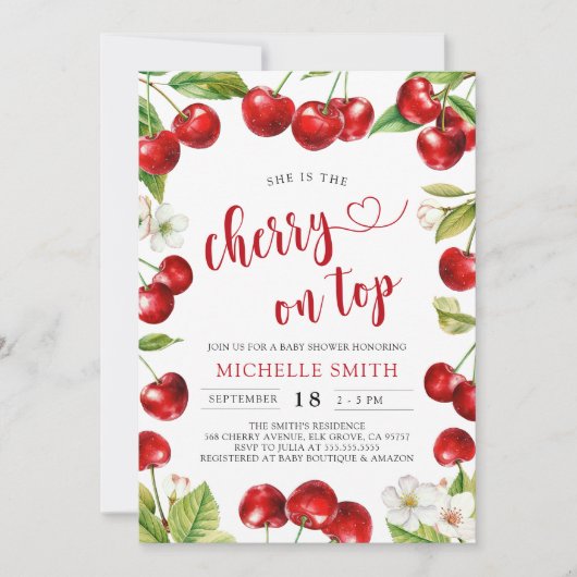 Cherry Op Top Red Cherry Baby shower Kaart (Voorkant)