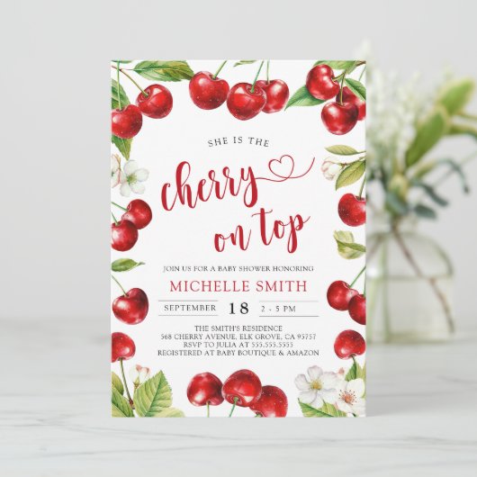 Cherry Op Top Red Cherry Baby shower Kaart (Staand voorkant)