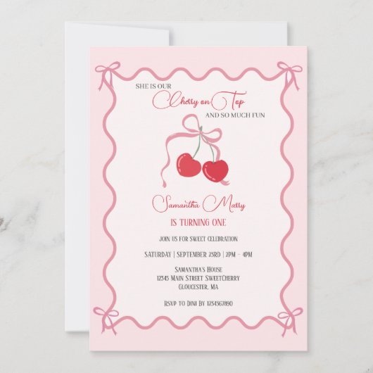 Cherry op Top Roze Bow 1e verjaardag Kaart (Voorkant)