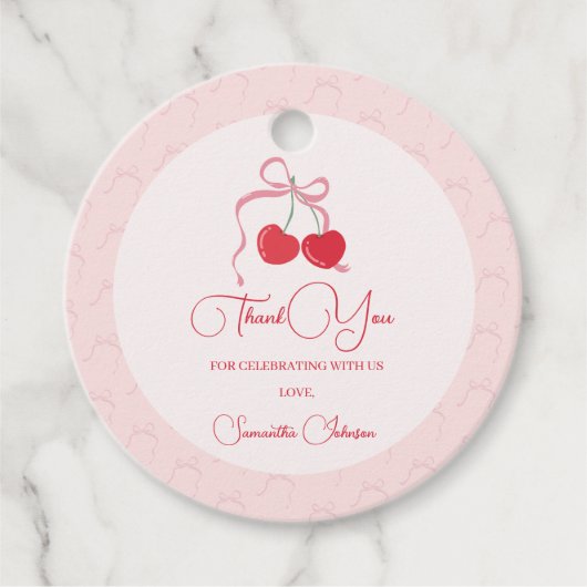 Cherry op Top Roze Bow Baby shower Bedankjes Labels (Voorkant)