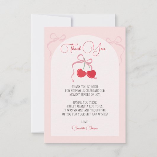 Cherry op Top Roze Bow Baby shower Bedankkaart (Voorkant)