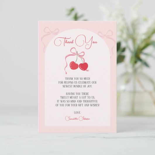 Cherry op Top Roze Bow Baby shower Bedankkaart (Staand voorkant)