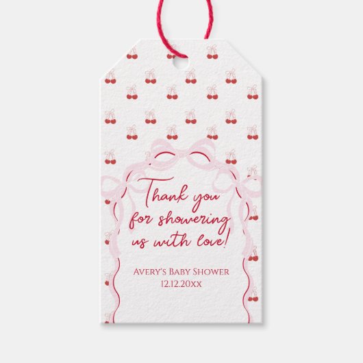 Cherry op Top Roze Bow Baby shower Luier Raffle Cadeaulabel (Voorkant)