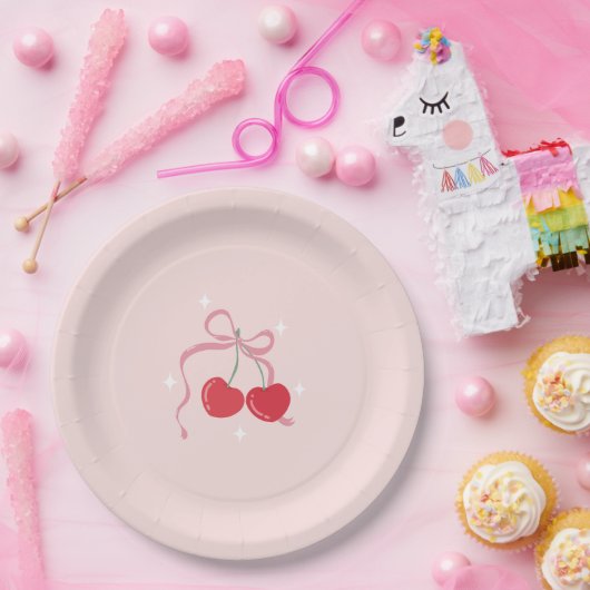 Cherry op Top Roze Bow Baby shower Papieren Bordje (Feest)
