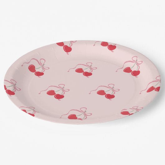 Cherry op Top Roze Bow Baby shower Papieren Bordje (Gekanteld)