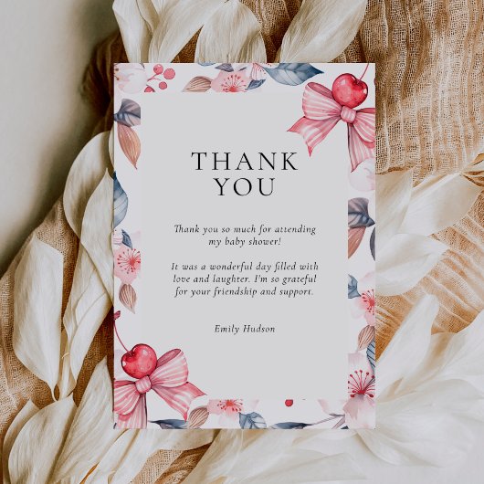 Cherry op Top Roze Bow Coquette Baby shower Bedankkaart