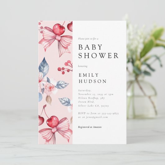 Cherry op Top Roze Bow Coquette Baby shower Kaart (Staand voorkant)