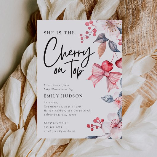 Cherry op Top Roze Bow Coquette Baby shower Kaart