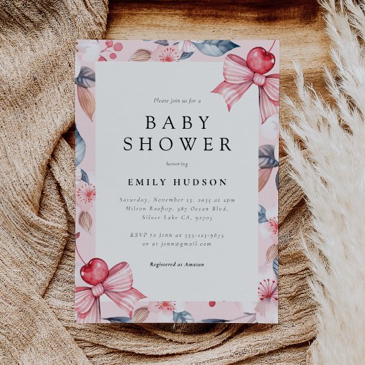 Cherry op Top Roze Bow Coquette Baby shower Kaart