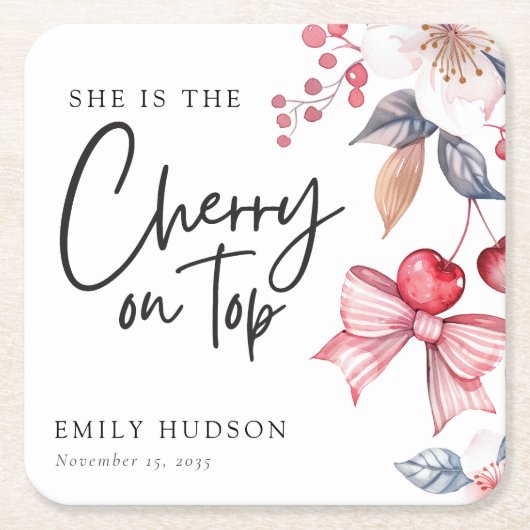 Cherry op Top Roze Bow Coquette Baby shower Kartonnen Onderzetters (Voorkant)