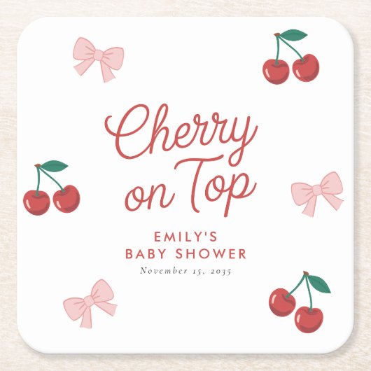 Cherry op Top Roze Bow Coquette Baby shower Kartonnen Onderzetters (Voorkant)