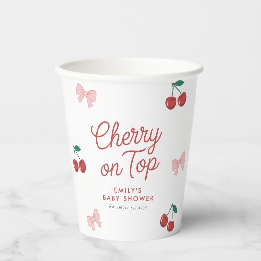 Cherry op Top Roze Bow Coquette Baby shower Papieren Bekers (Voorkant)