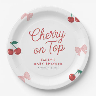 Cherry op Top Roze Bow Coquette Baby shower Papieren Bordje