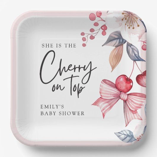 Cherry op Top Roze Bow Coquette Baby shower Papieren Bordje (Voorkant)