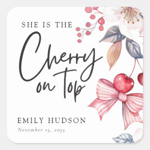Cherry op Top Roze Bow Coquette Baby shower Vierkante Sticker
