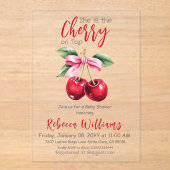 Cherry op Top Roze Bow Meisje Baby shower Acryl Uitnodigingen (Voorkant)