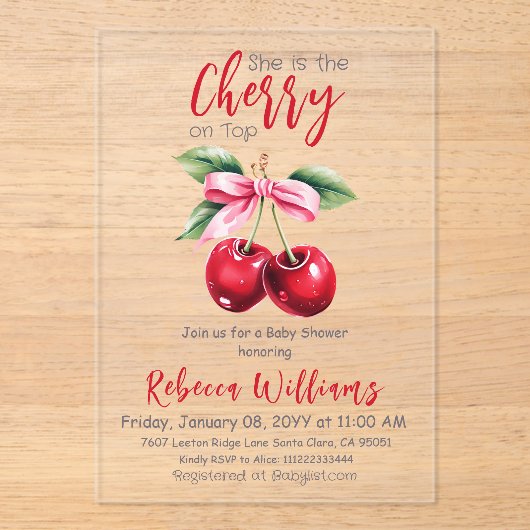 Cherry op Top Roze Bow Meisje Baby shower Acryl Uitnodigingen (Voorkant)