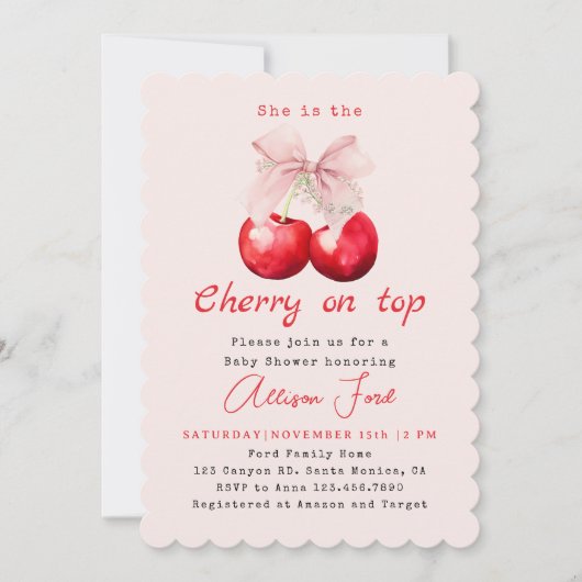 Cherry op Top Roze Bow Meisje Baby shower Kaart (Voorkant)