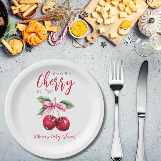 Cherry op Top Roze Bow Meisje Baby shower Papieren Bordje